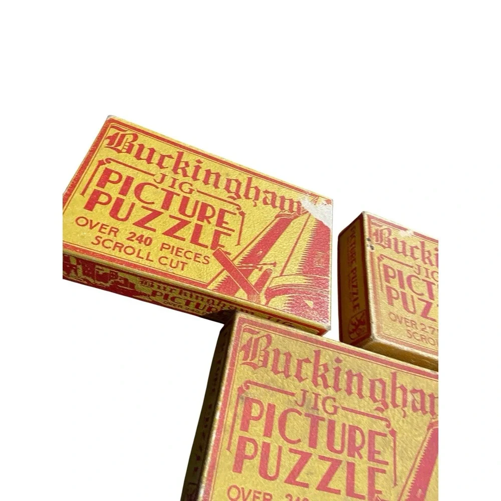Vintage Buckingham Jig Picture Puzzle Lot of 3 Scroll Cut Wooden Jigsaw Puzzles